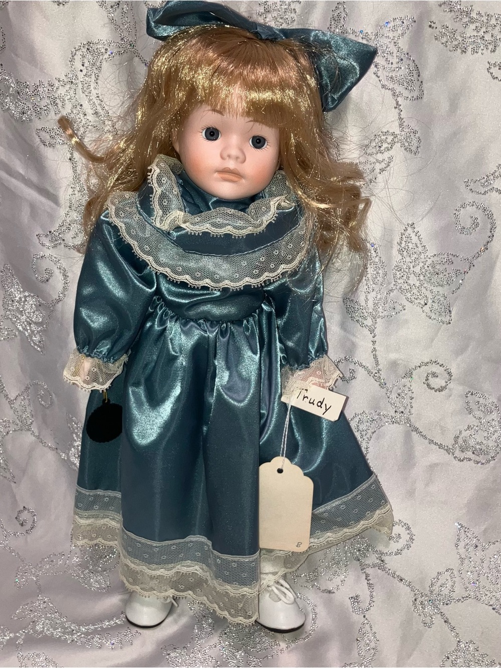 Blue Porcelain Collectible Doll with Lace Dress